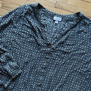 J. Jill Women's Green Blue Floral Button Up Blouse 2X Lightweight Geometric Boho
